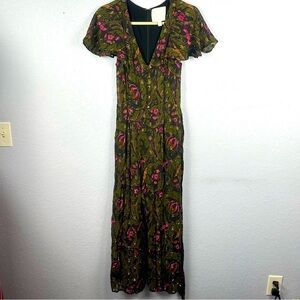 Anthropologie Ett:Twa Green Floral Metallic Jumpsuit Size 6